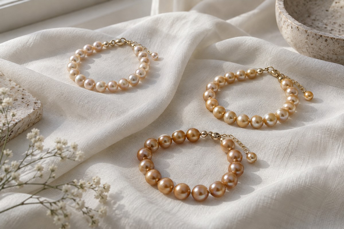Three pearl bracelets in champagne, warm gold, and honey-gold shades.