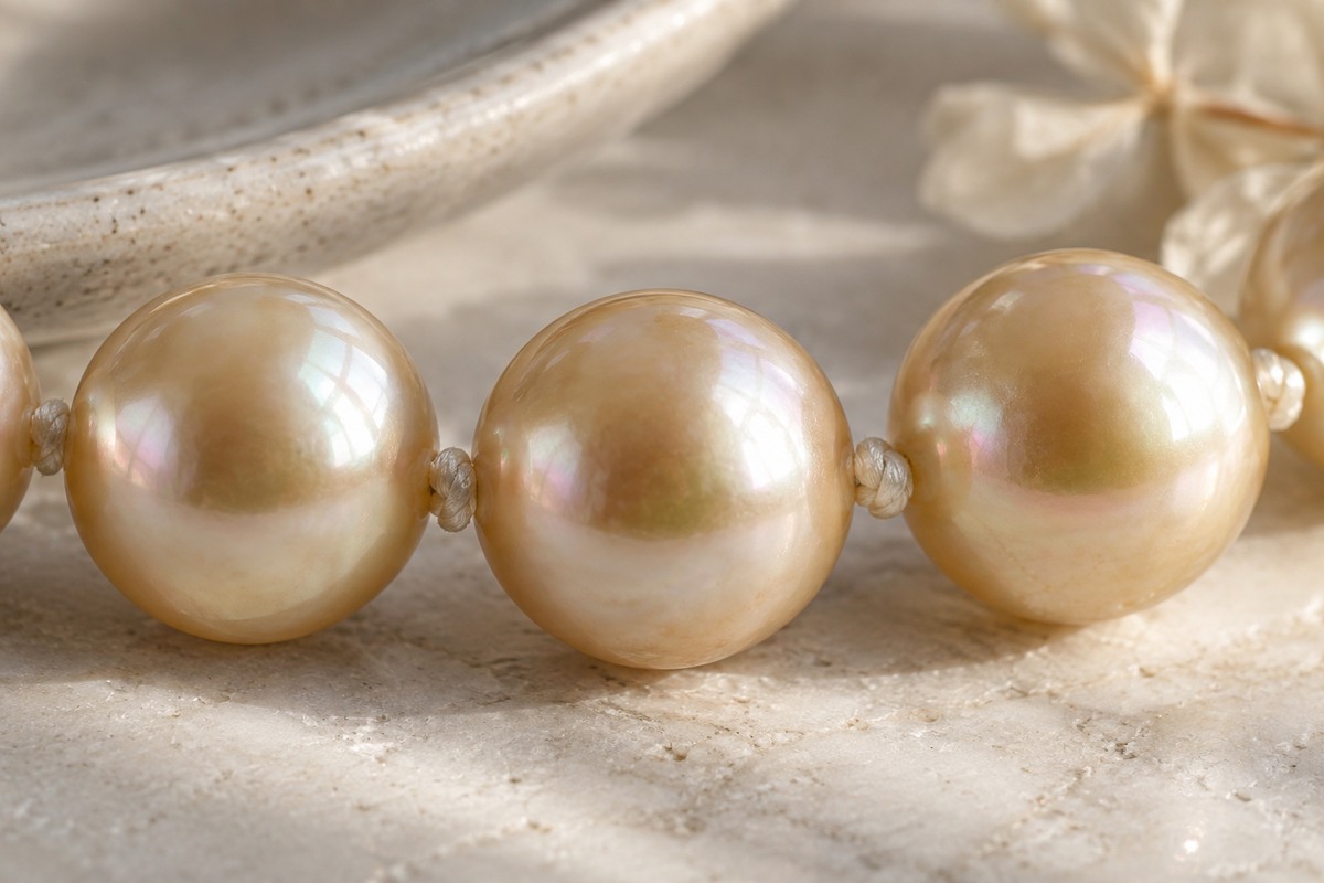 Close view of three golden pearls with soft secondary color reflections.