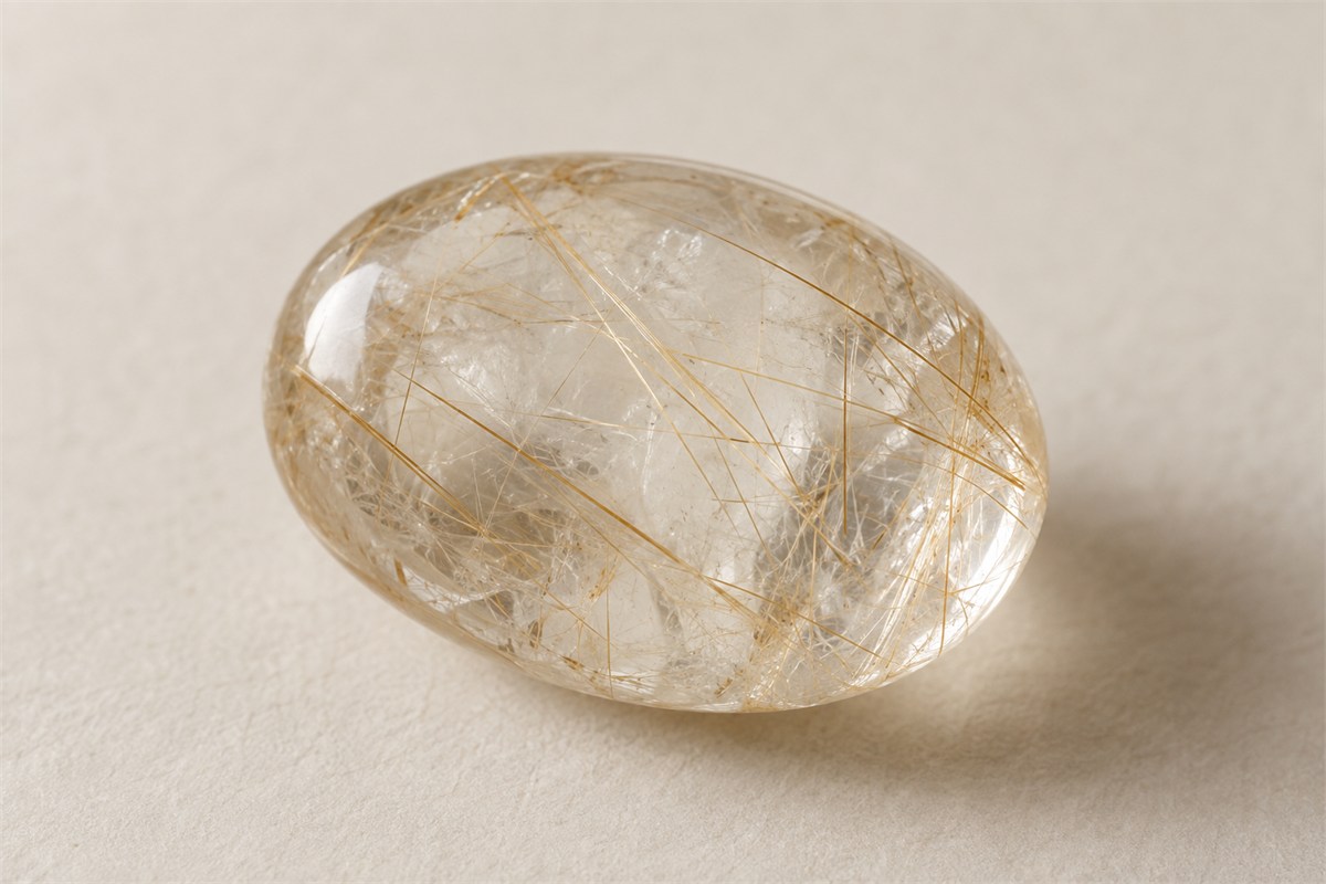 Fine golden rutile needles enclosed within a clear polished quartz stone.