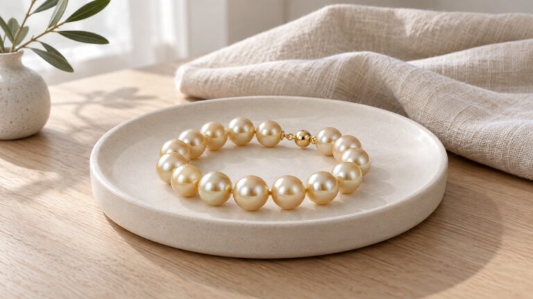 Golden pearl bracelet on an ivory dish beside soft oatmeal linen.