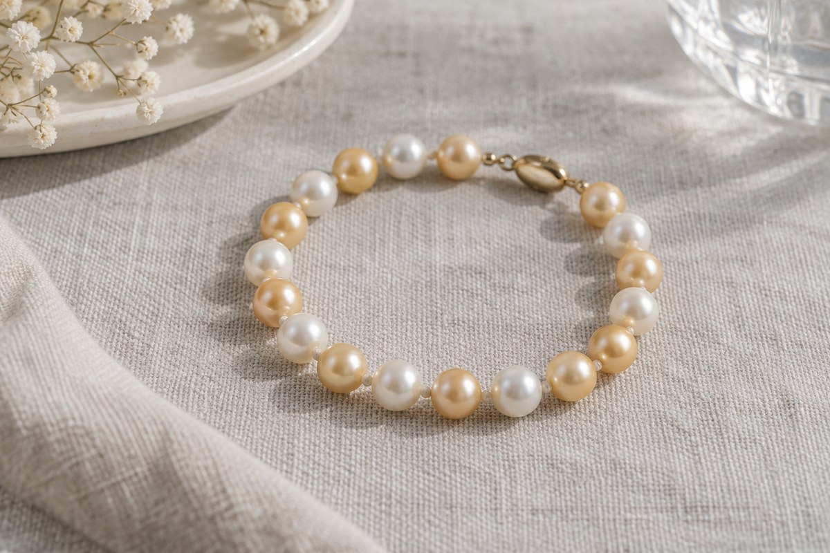 Bracelet with alternating golden and white pearls on gray linen.