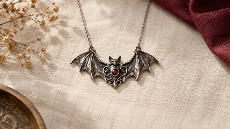 Silver-gray bat necklace with a red center on ivory linen beside burgundy fabric
