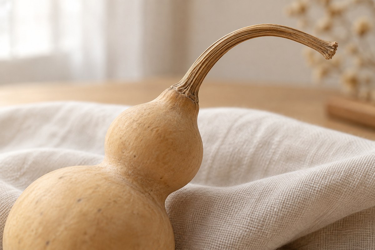 A curved woody stem rises from the upper lobe of a dried gourd.