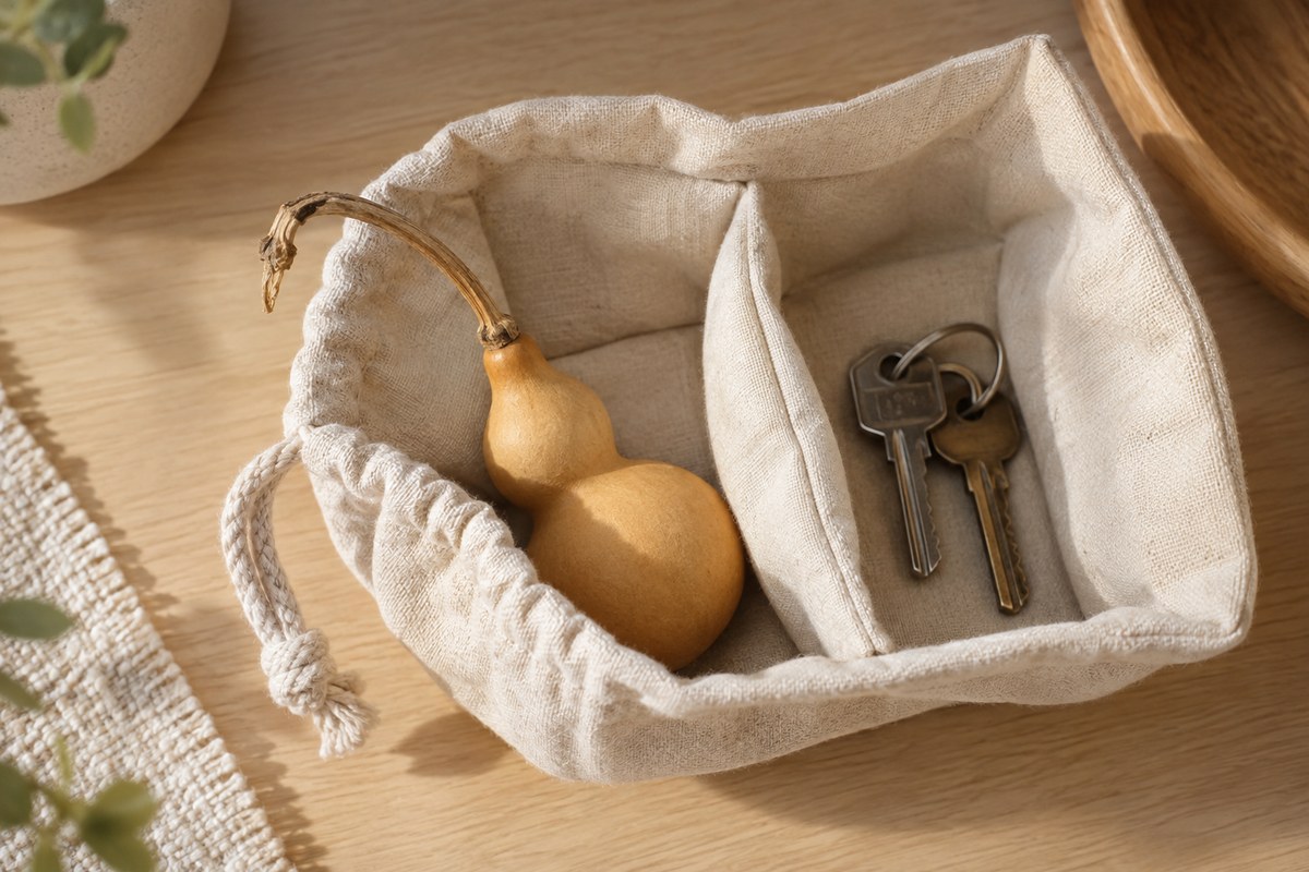 A dry gourd rests in an open cotton pouch, separated from metal keys.