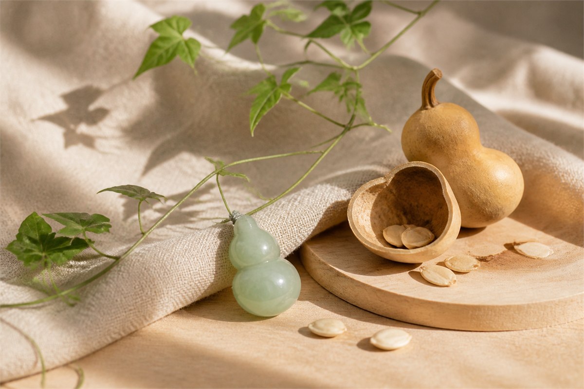 A pale green gourd pendant beside a dried gourd, seeds, and a trailing vine