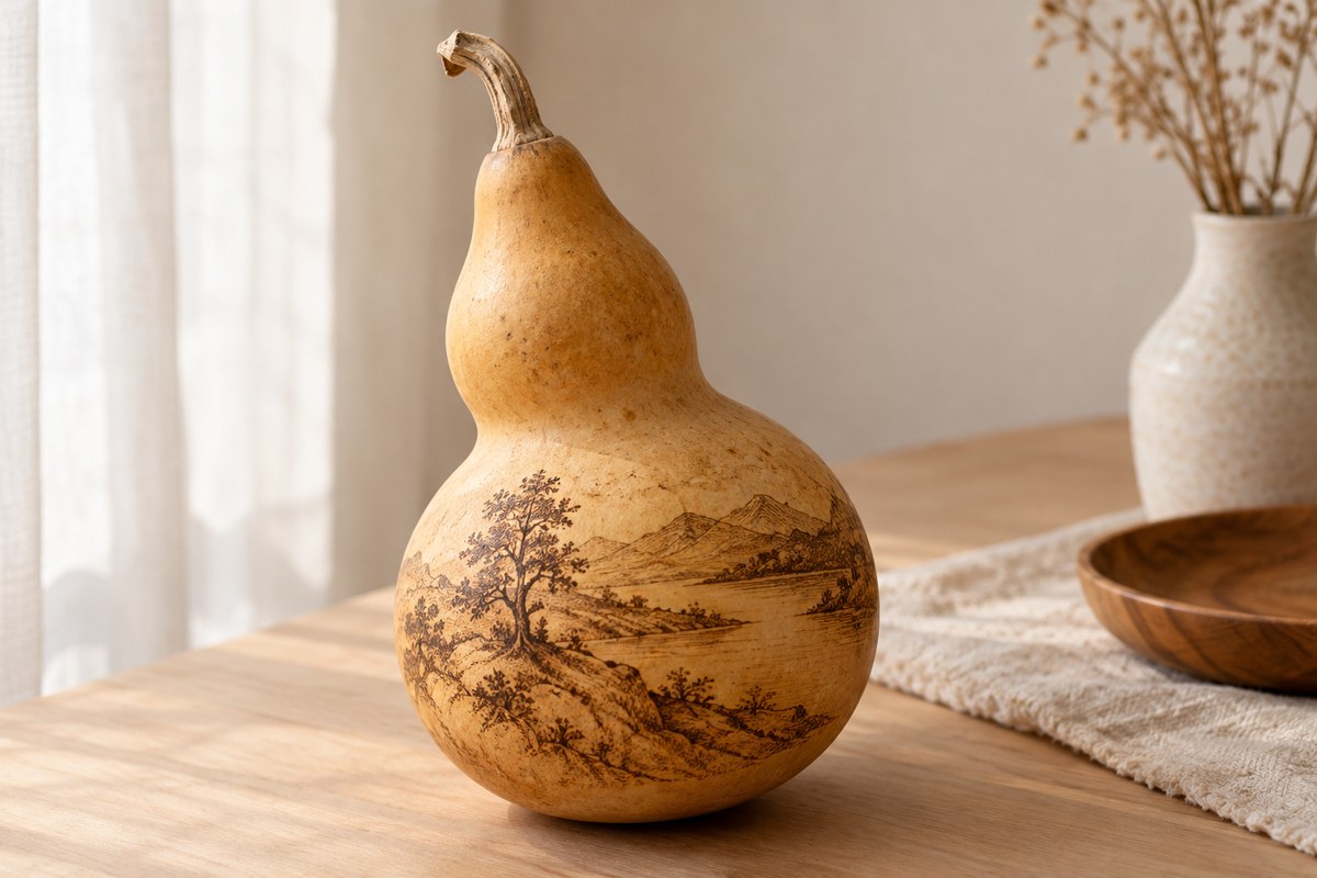 Fine brown landscape lines follow the curved shell of a decorated gourd.
