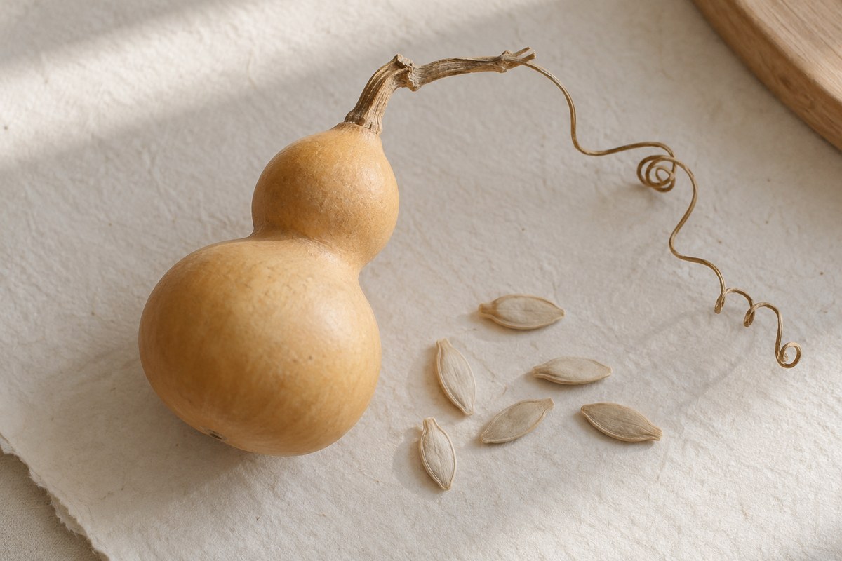 A natural dried gourd with a few pale seeds and a curling vine tendril.