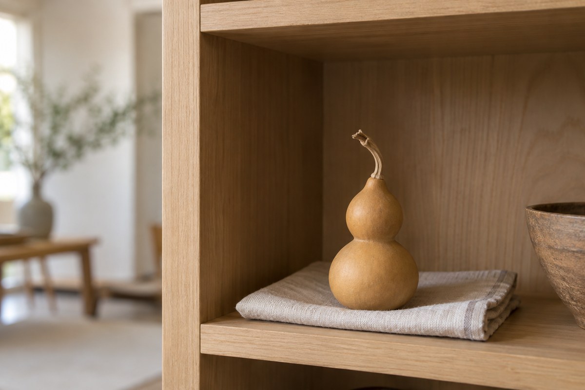 A dried gourd sits securely in a softly lined shelf cubby.