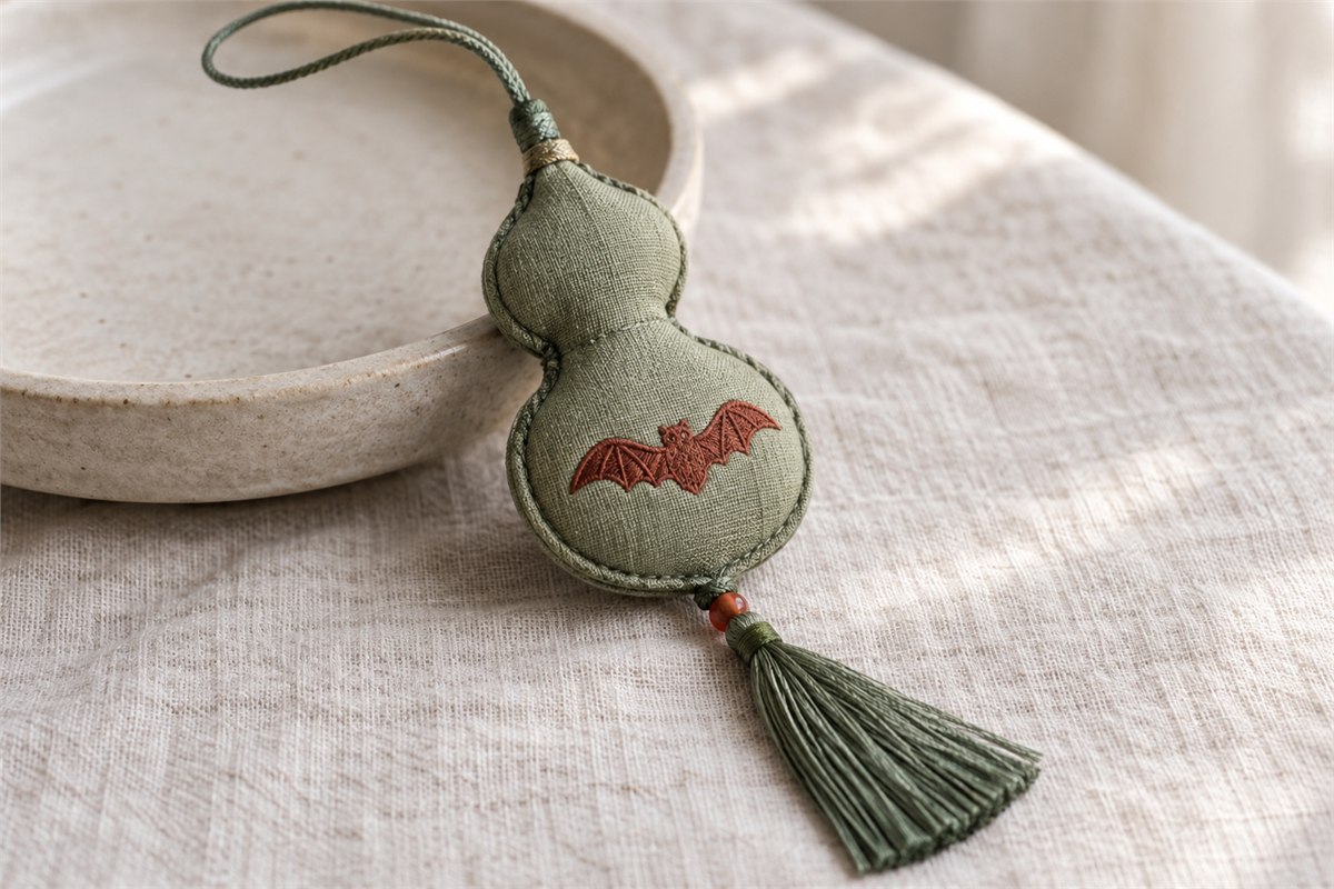 Green fabric sachet with two gourd-shaped lobes and one embroidered red bat.