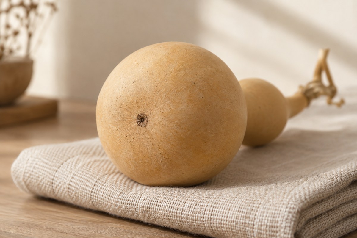 A small natural blossom scar sits within the sound base of a dried gourd.