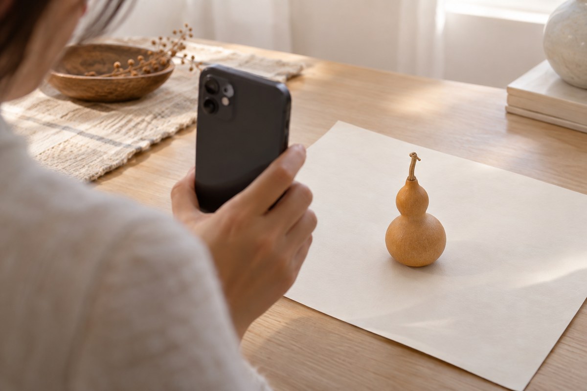 A phone is held above a dried gourd placed in soft, even light.