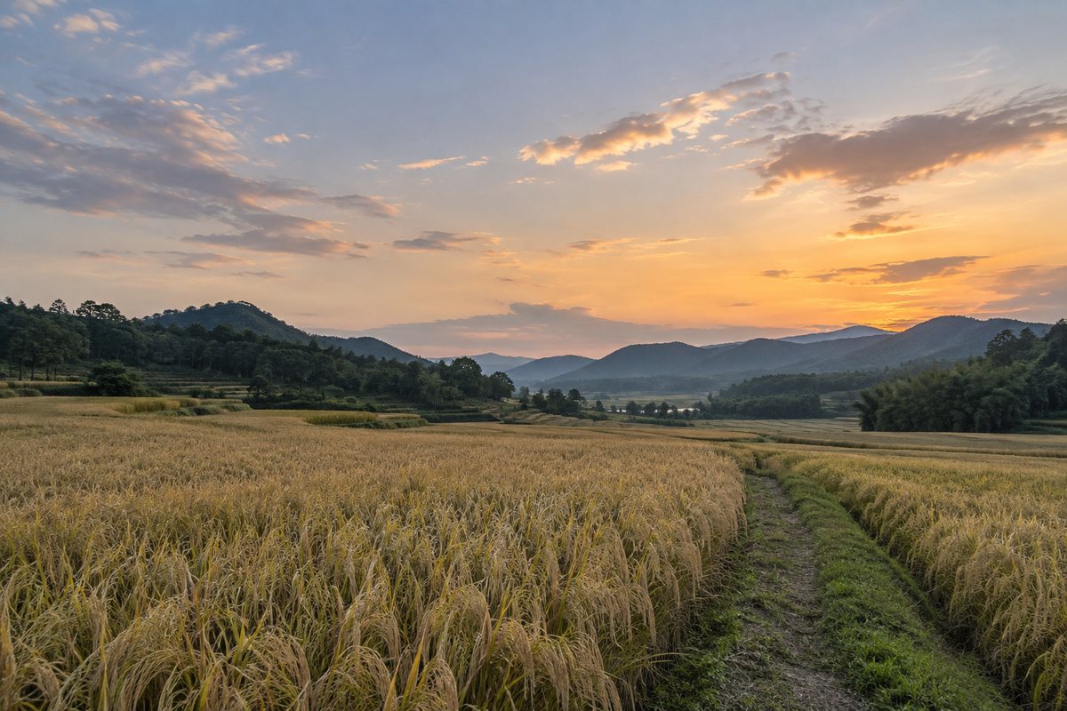Ripening grain bends in soft evening light beneath a broad sky.