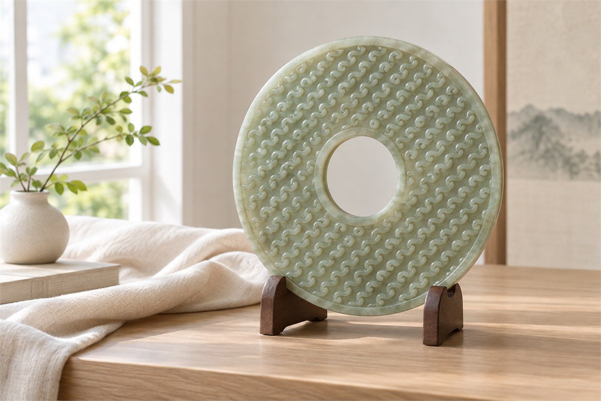 A broad grain-pattern jade bi stands on a discreet wooden support beside folded ivory fabric.