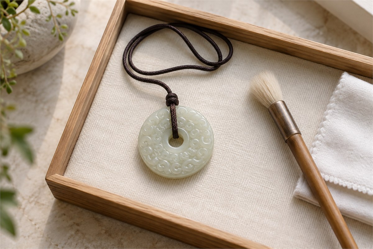 A soft-bristled brush and a folded cloth sit beside a grain-pattern jade pendant in a fabric-lined tray.