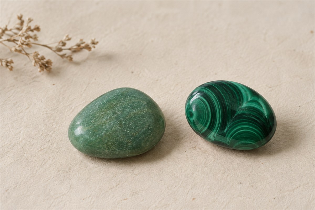 A green aventurine pebble and banded malachite stone on handmade paper.