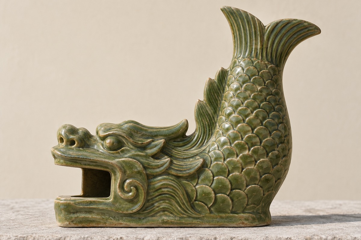 Green glazed ceramic guardian with a dragon head and scaled rising fishlike body
