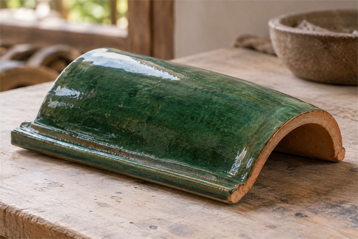 Curved green glazed roof tile with an exposed terracotta edge and underside.