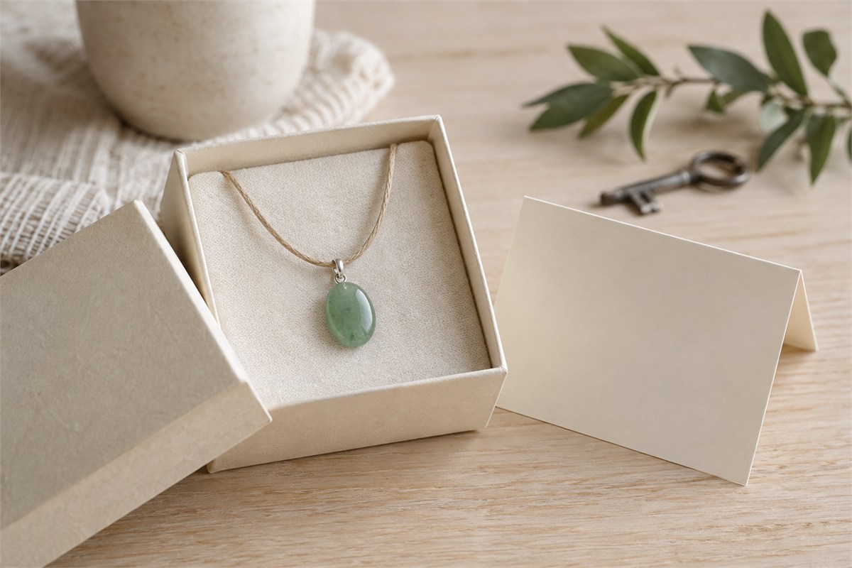 A green pendant in an ivory gift box beside a blank folded note.