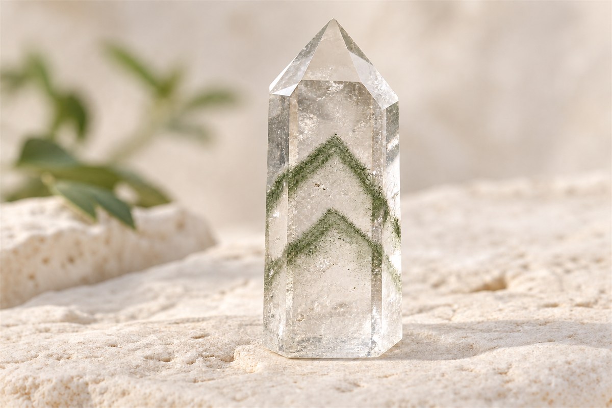 A quartz point with layered green inclusions resting on pale stone.