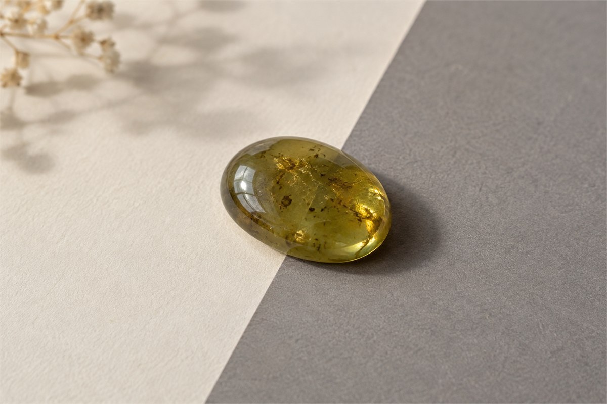 An olive-green cabochon lies across adjoining ivory and gray cards.