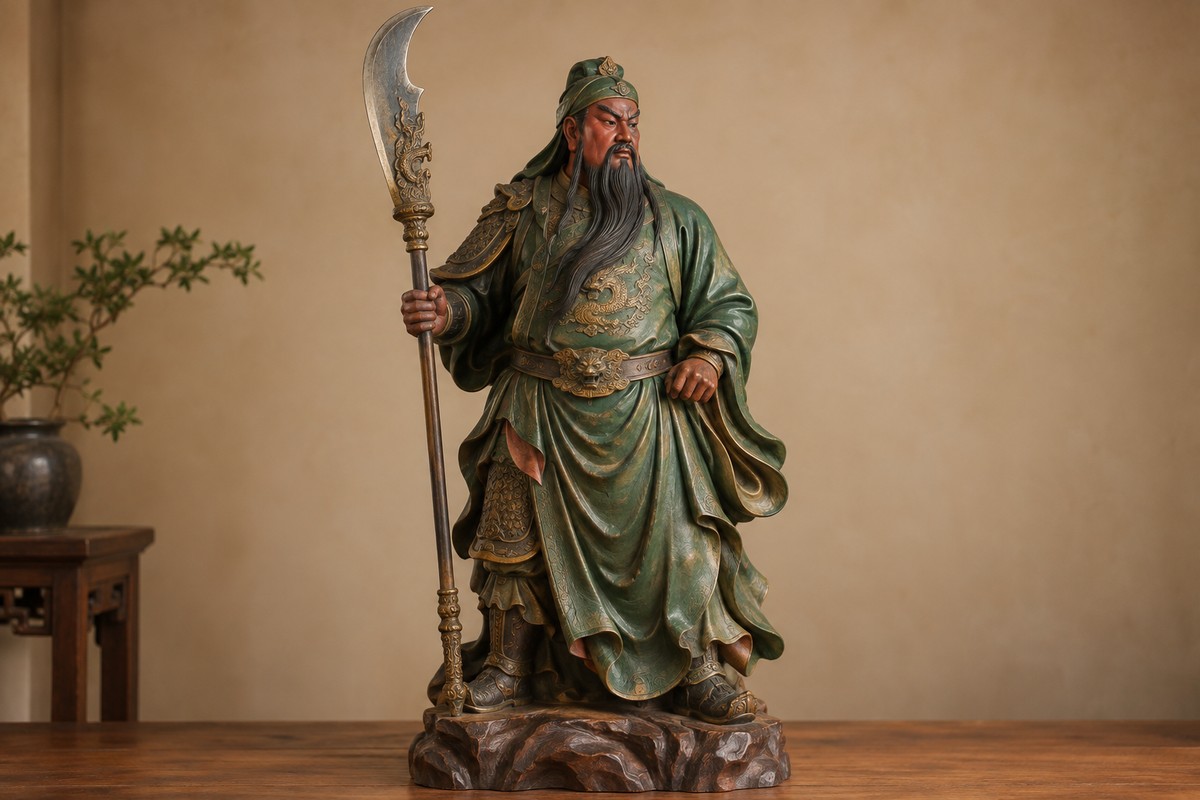 Painted Guan Yu figure in a green robe holding a crescent-bladed pole weapon.
