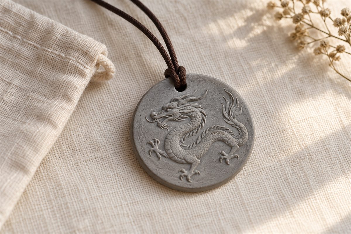 A small round grey ceramic dragon pendant hangs from a continuous brown cord through a drilled hole.