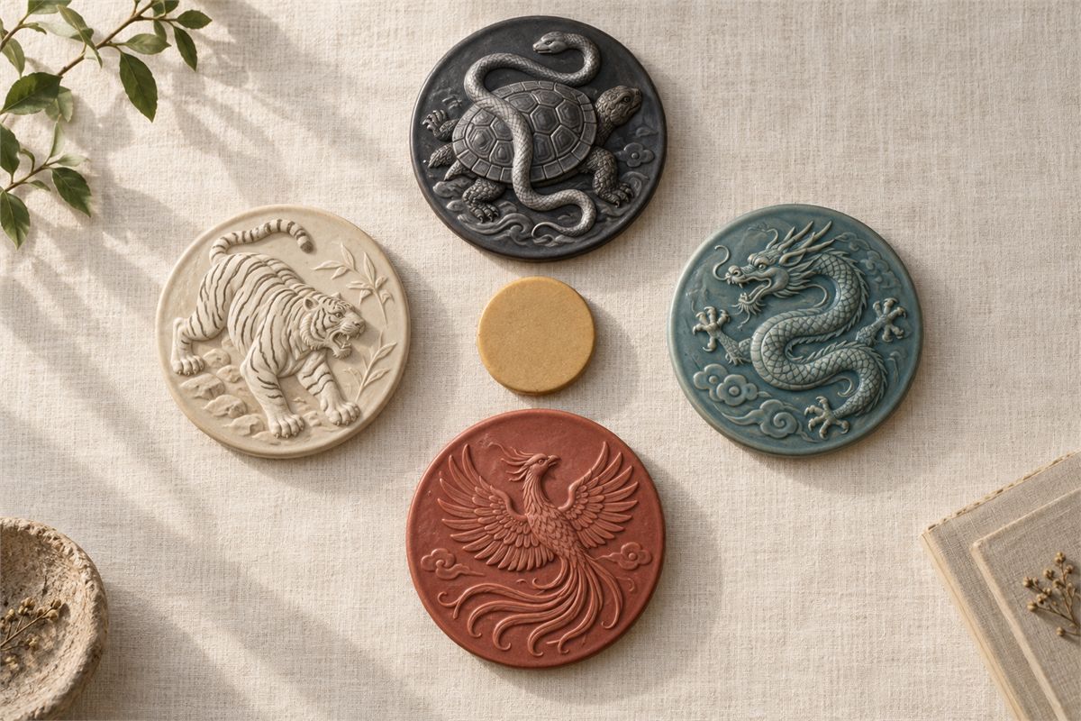 Four contemporary relief plaques in blue-green, warm white, muted red, and charcoal arranged around a small ochre center.