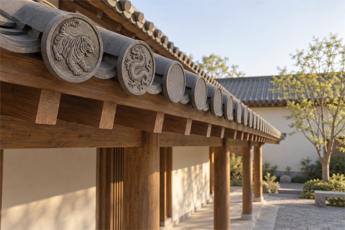 Round grey clay guardian tile ends line the straight eave of a timber courtyard roof.