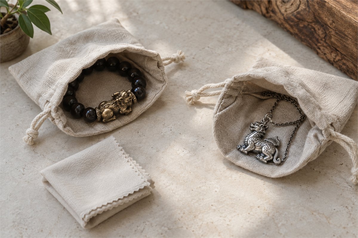A guardian bracelet and beast pendant rest in separate soft pouches.