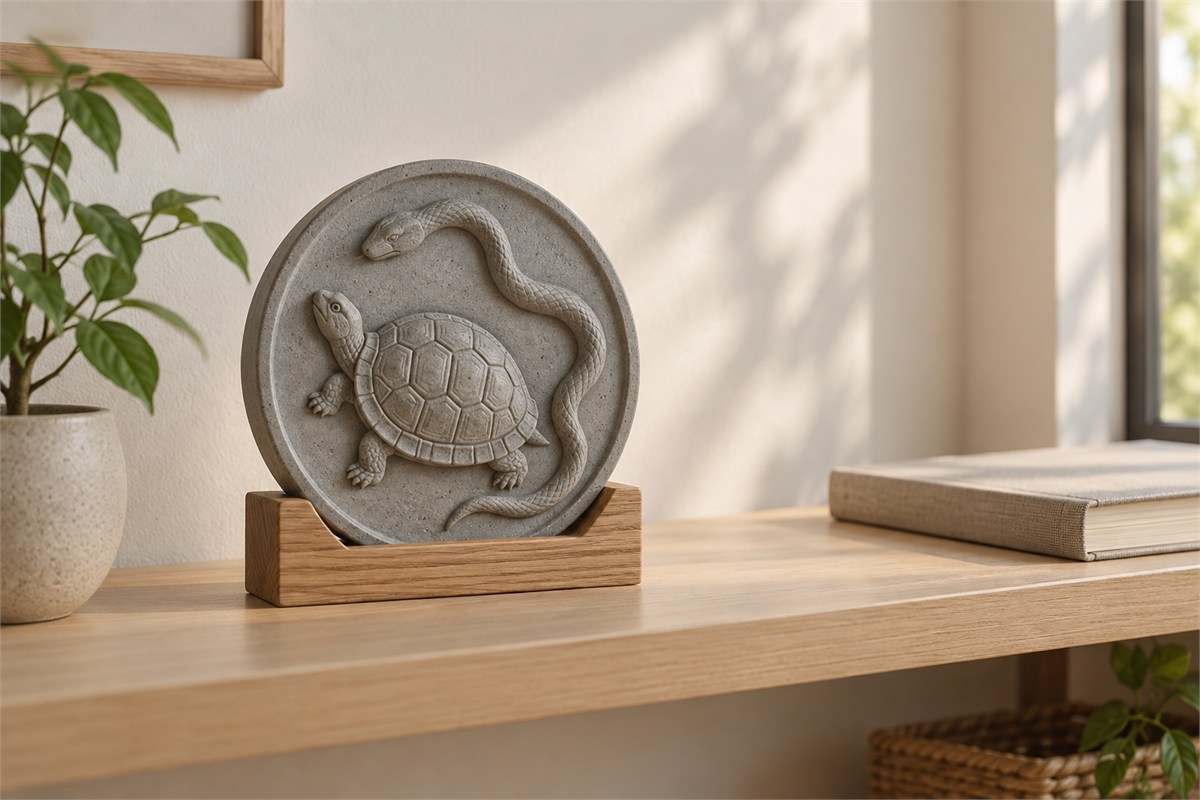 A tortoise-and-snake ceramic plaque rests in a stable wooden stand on a quiet study shelf.