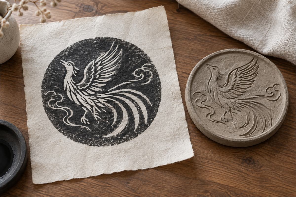 A monochrome bird-pattern rubbing on handmade paper lies beside a modern clay relief.
