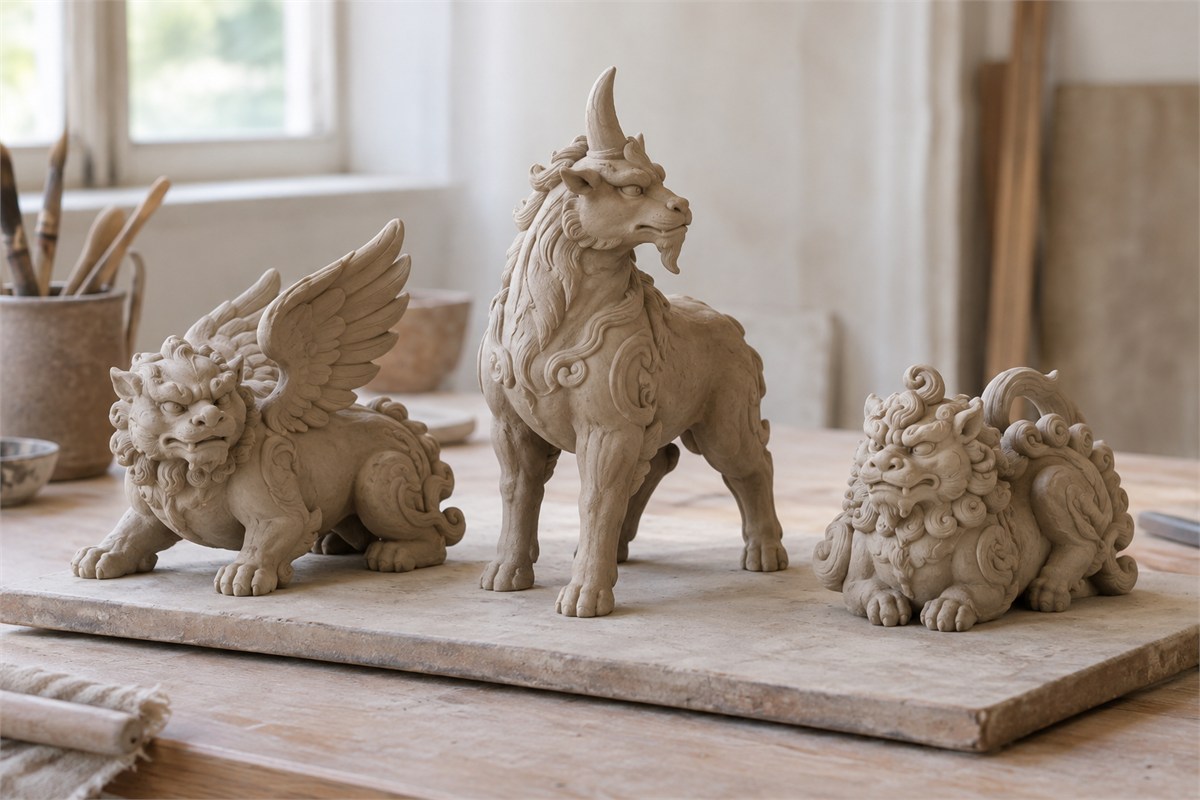 Three differently shaped clay guardian models stand on a pale studio slab.