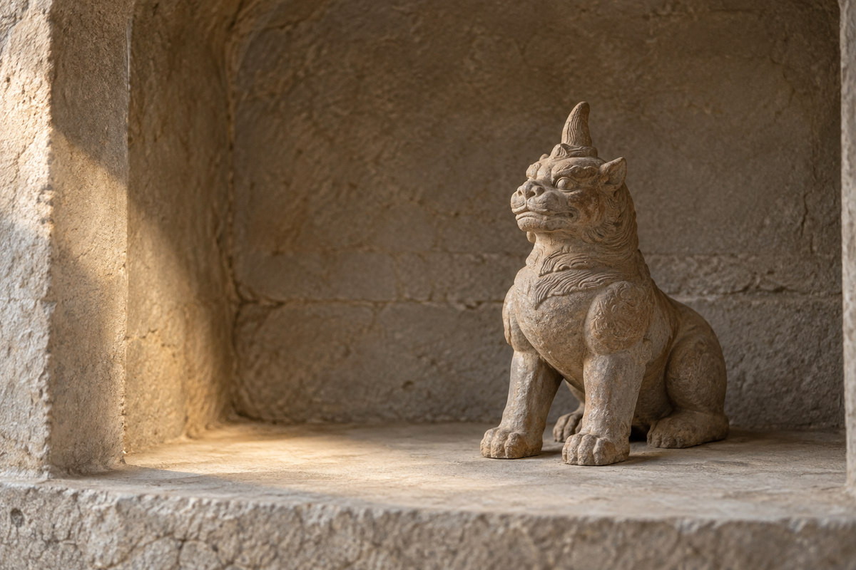 Small clay guardian resting in a softly lit stone niche