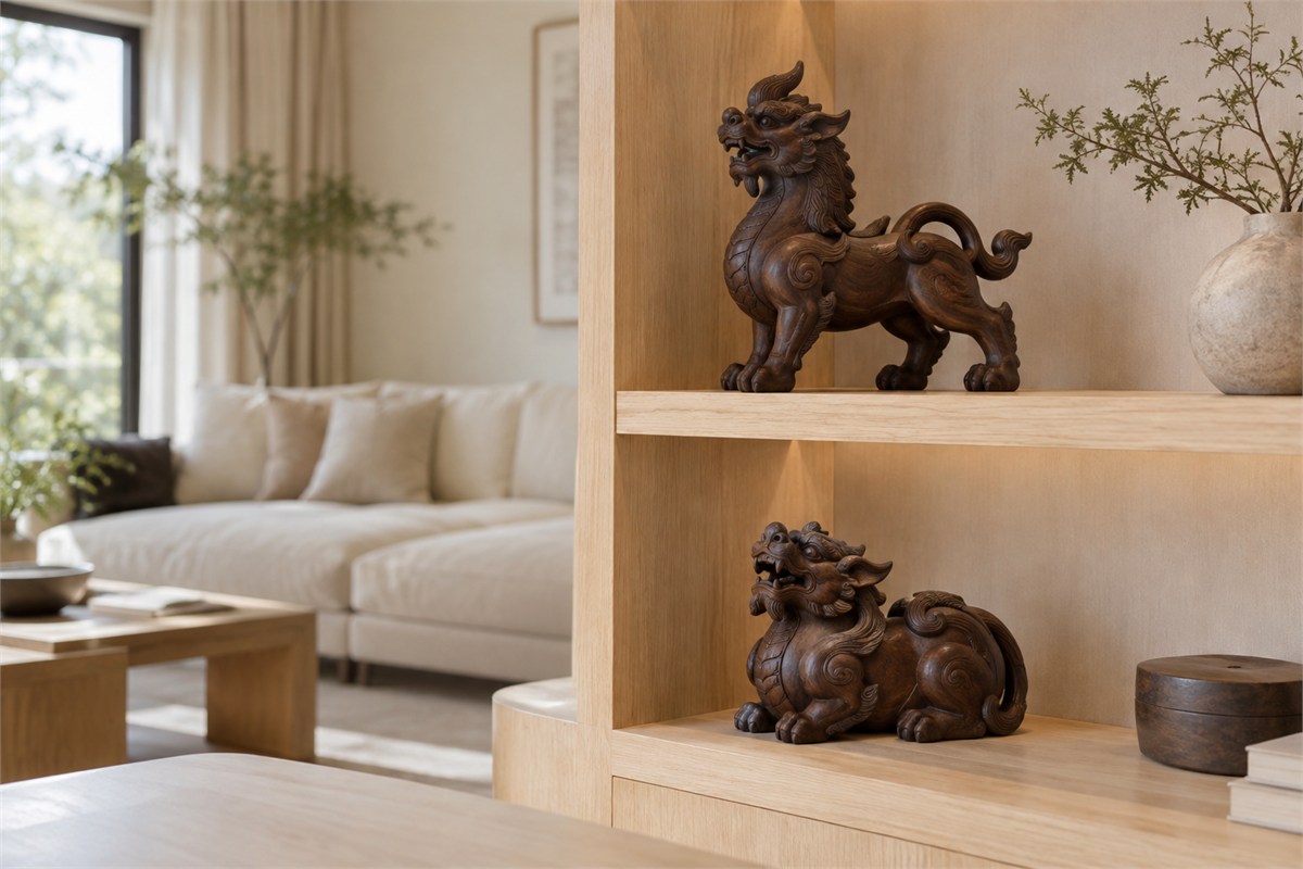 Two small guardian carvings occupy separate levels of a pale wooden shelf.