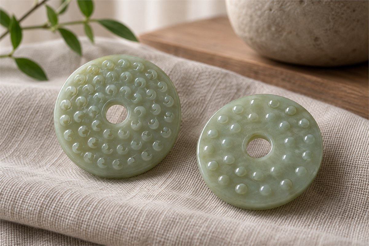 Two small jade discs show curled grain units on one face and round raised bosses on the other.