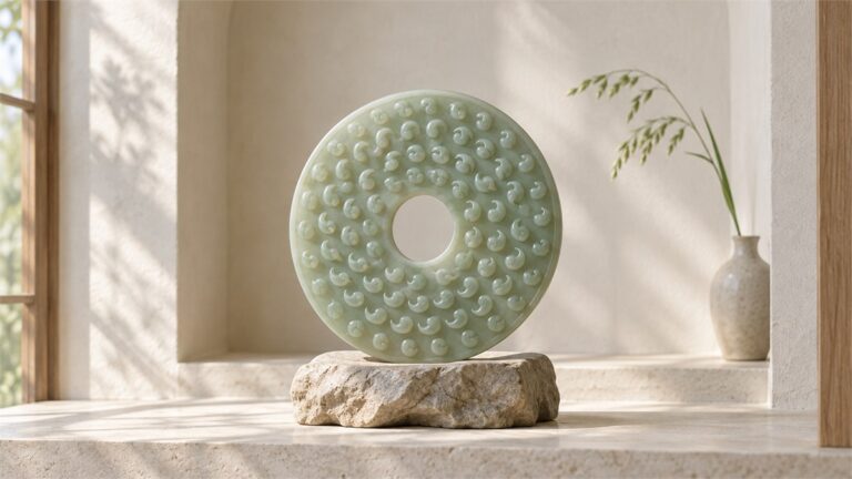 An upright grain-pattern jade disc catches soft light near a slender green grain stem.