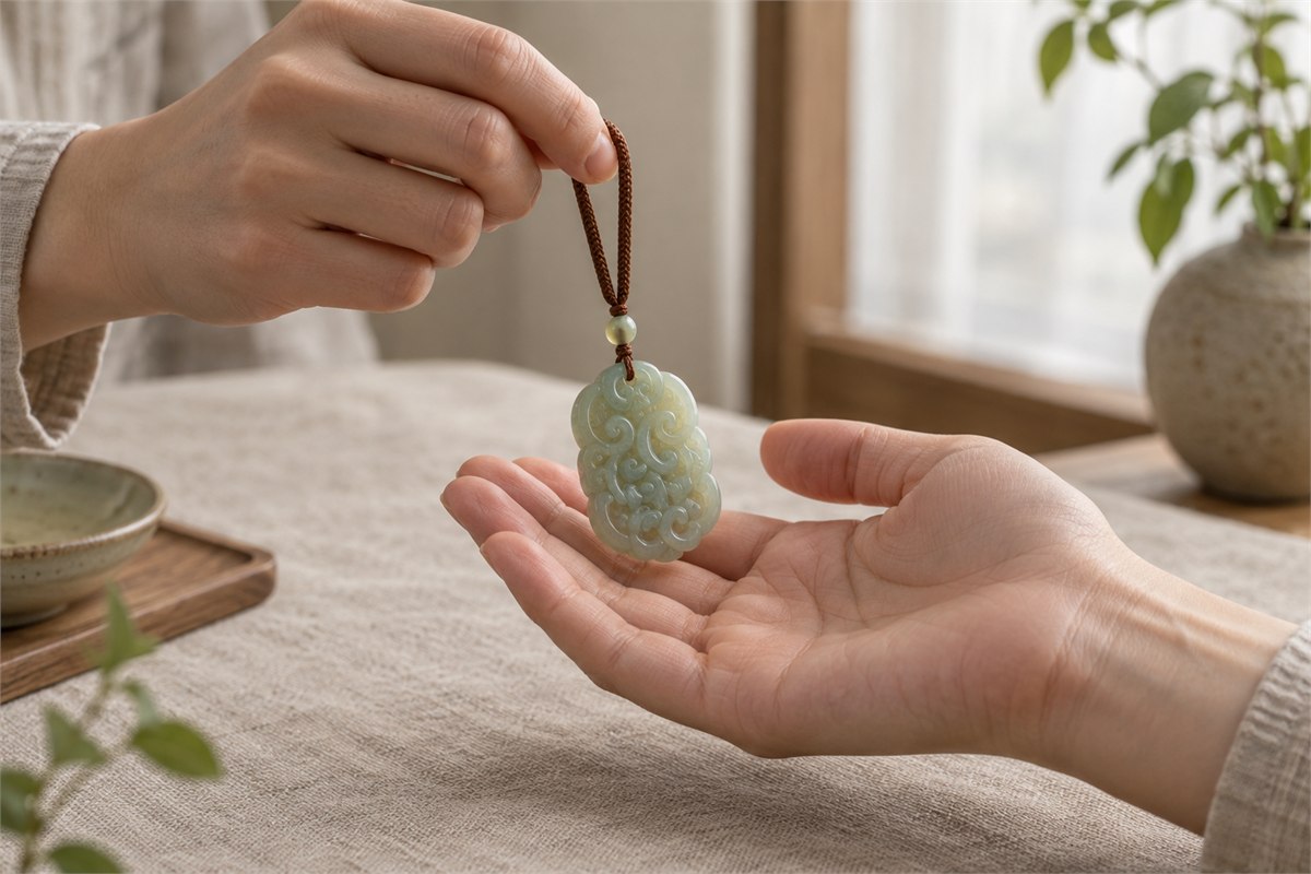 Two adult hands pass a small pale green grain-pattern jade pendant over a linen-covered table.