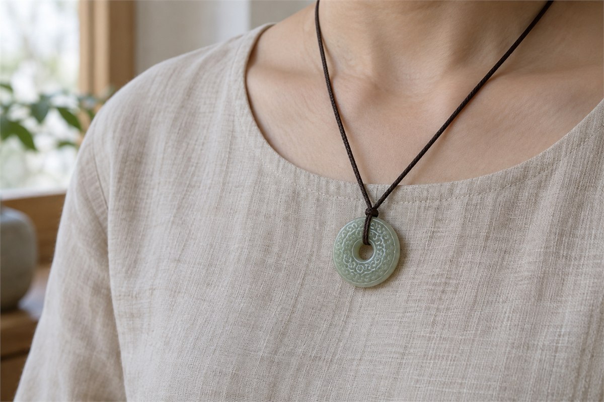 A small pale jade grain-pattern pendant hangs from a brown cord over a simple linen shirt.