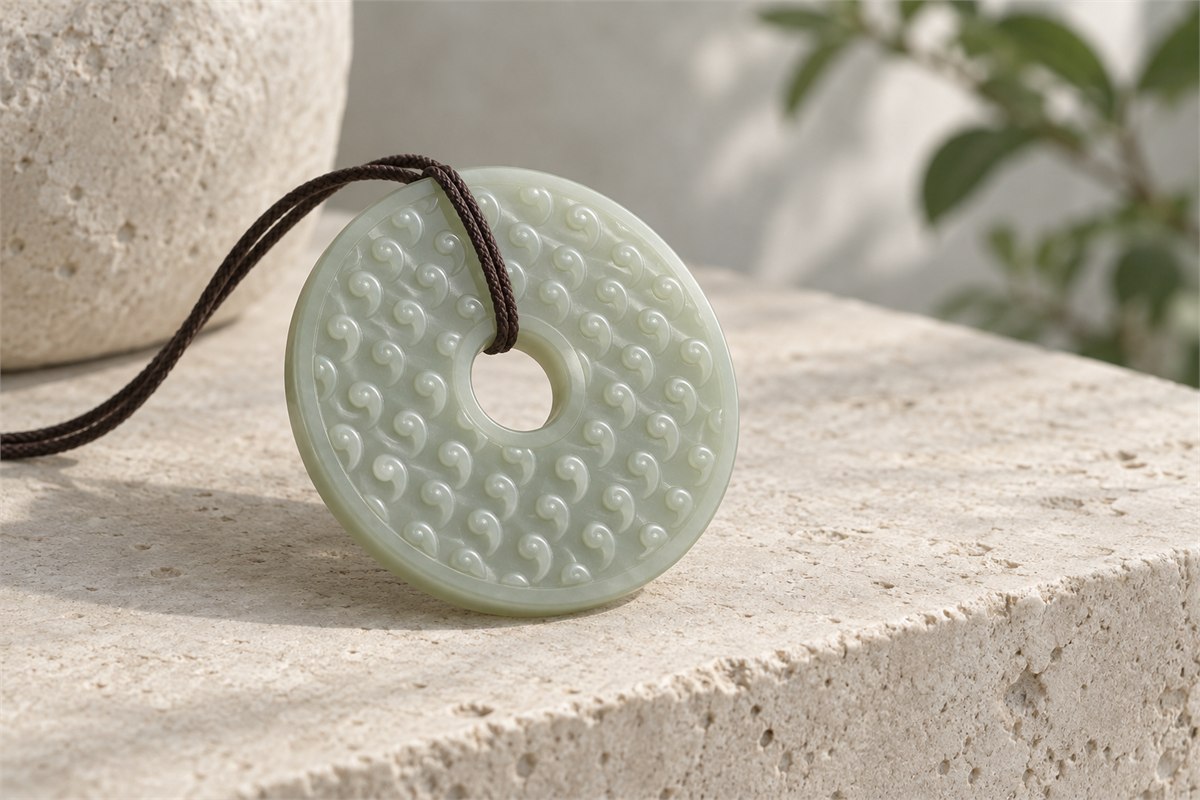 A pale green grain-pattern disc pendant with a brown cord rests on an ivory stone ledge.