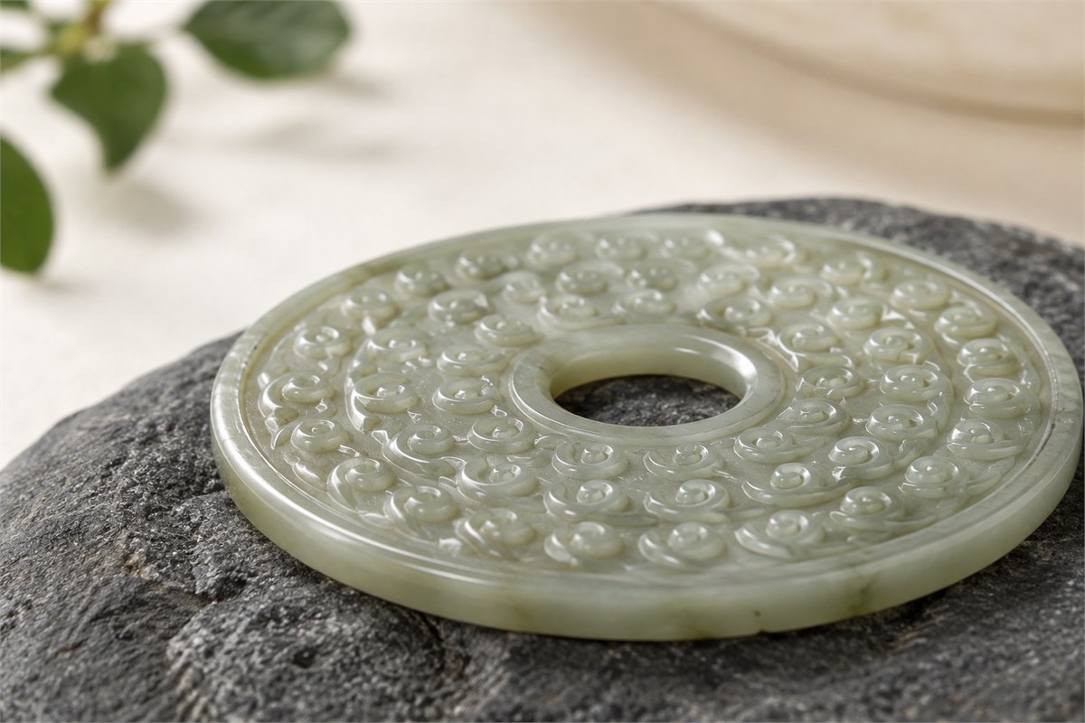 Raking light reveals raised seed curls and fine incised connections on a polished jade surface.
