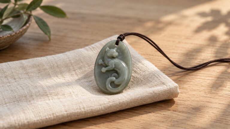 Oval jade chi pendant on folded ivory linen with a dark cord curving across a light wooden surface.
