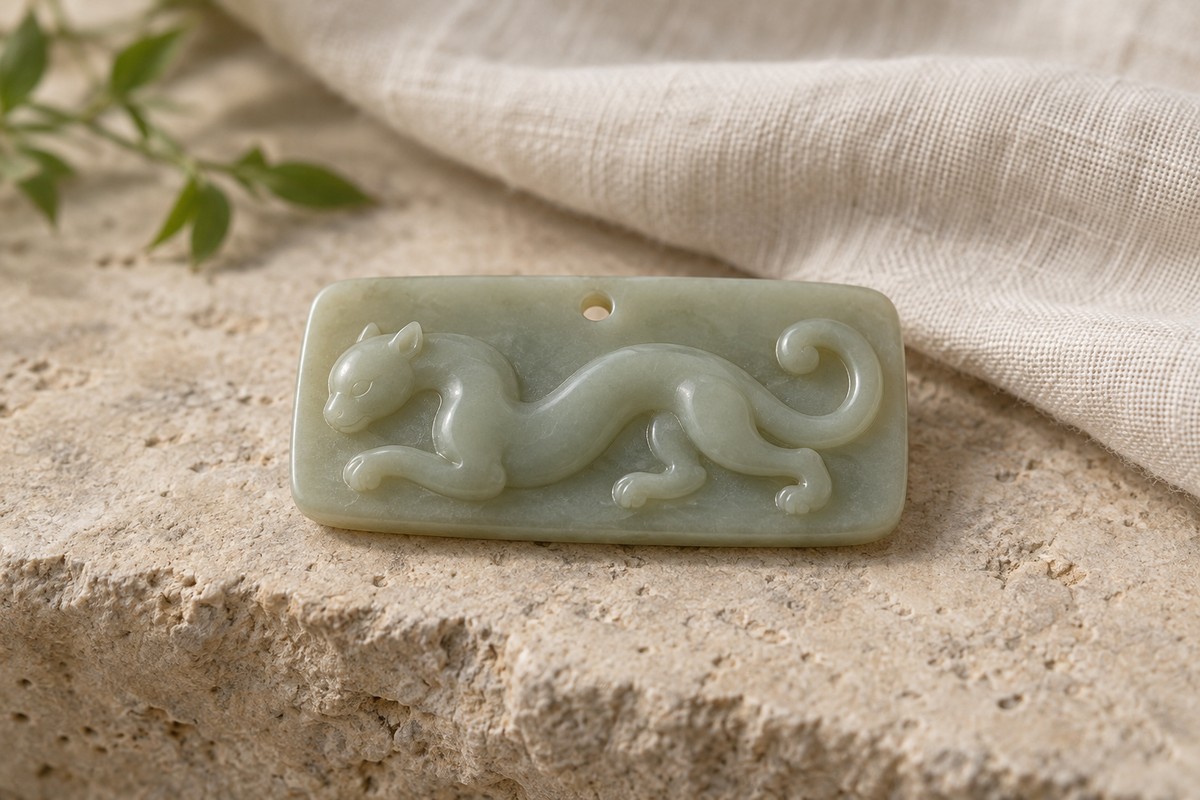 Pale green rectangular chi relief pendant resting on limestone beside ivory linen.