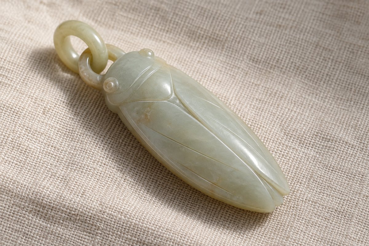 Pale jade cicada study with sloping wing planes, incised contours, and a small linked ring.