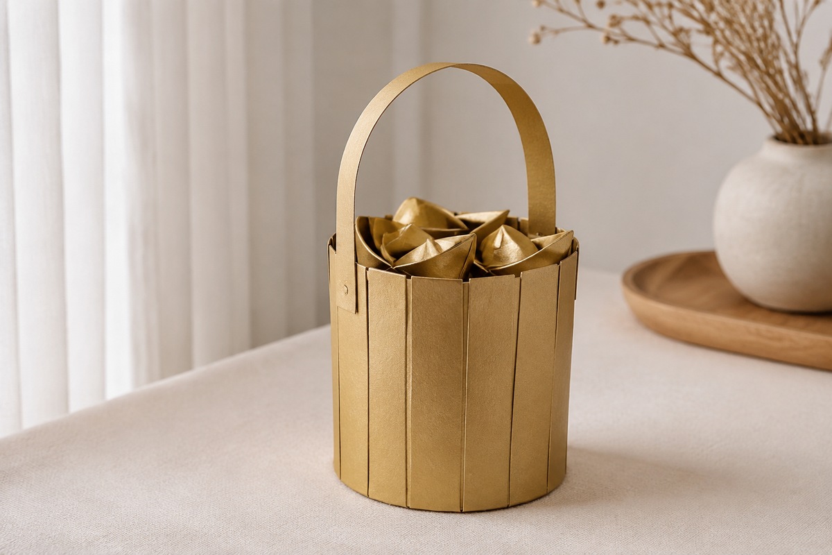 A small gold-colored paper bucket holds folded paper ingots.