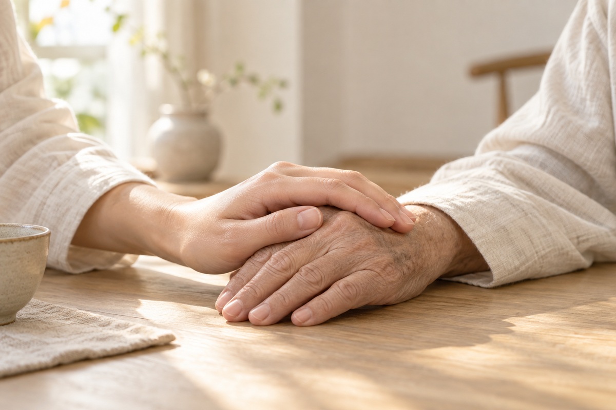 A younger adult’s hand resting gently over an older adult’s hand beside a cream sleeve.