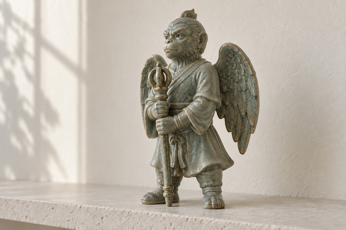 An upright monkey-faced ceramic figure with two wings holding a vertical staff.