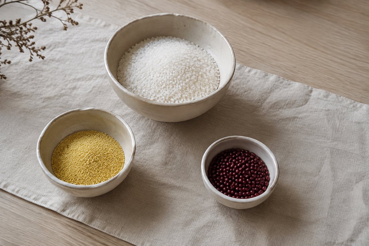 Rice, millet and red beans rest in three small ceramic bowls on a linen-covered table.