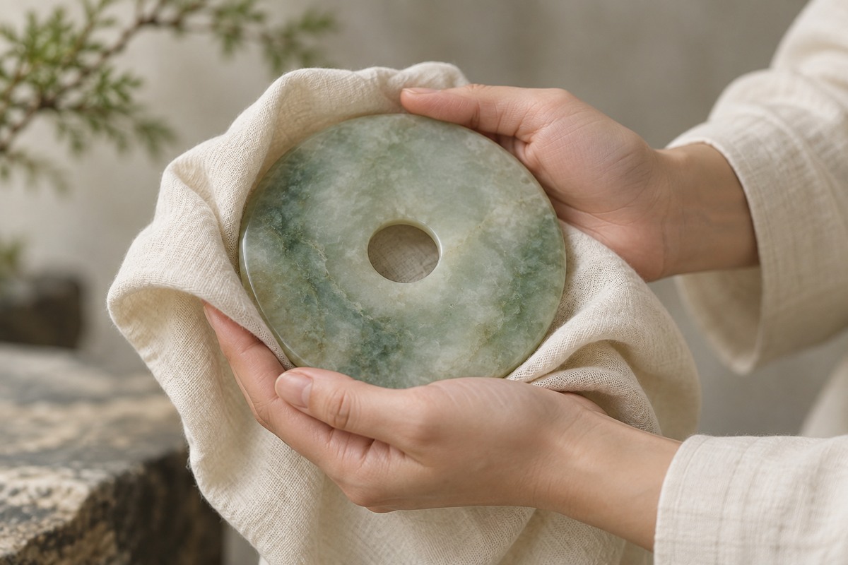 Two hands gently cradle a pale green jade disc in a fold of ivory cloth.