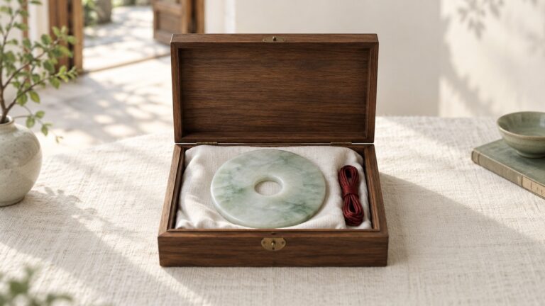 A pale green jade disc rests in an open linen-lined wooden keepsake box beside a folded red cord.