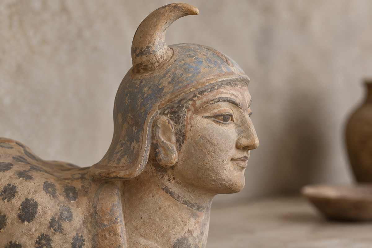Helmeted human-faced clay guardian with an animal shoulder